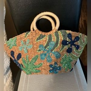 Floral Woven Tote Bag - Tan and Green